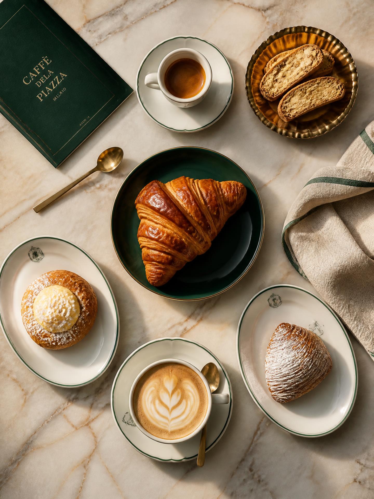 Overhead flat lay of an Italian caffè table with espresso, cappuccino, and fresh pastries on marble